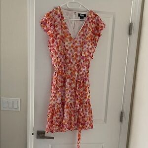 DKNY Pink Orange Floral V-Neck Tiered Mini Dress